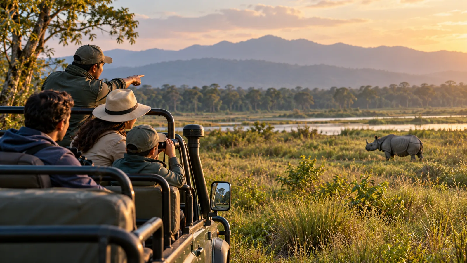 AI-generated illustration of a family observing a rhino from a safari jeep at a distance