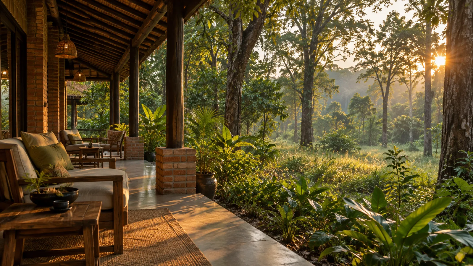 AI-generated illustration of a comfortable jungle lodge verandah overlooking greenery