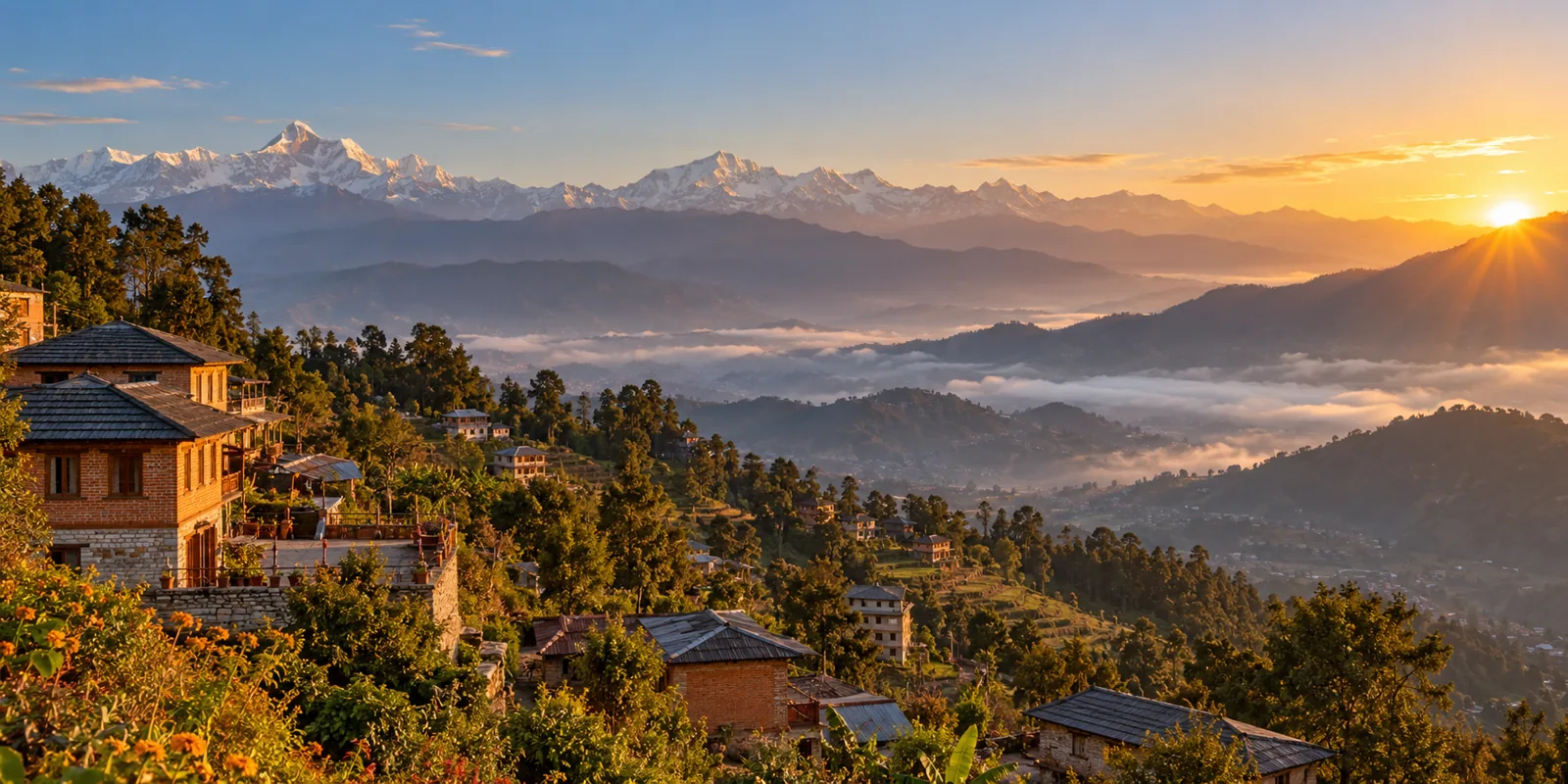 AI-generated editorial depiction of Nagarkot sunrise and overnight extension in kathmandu