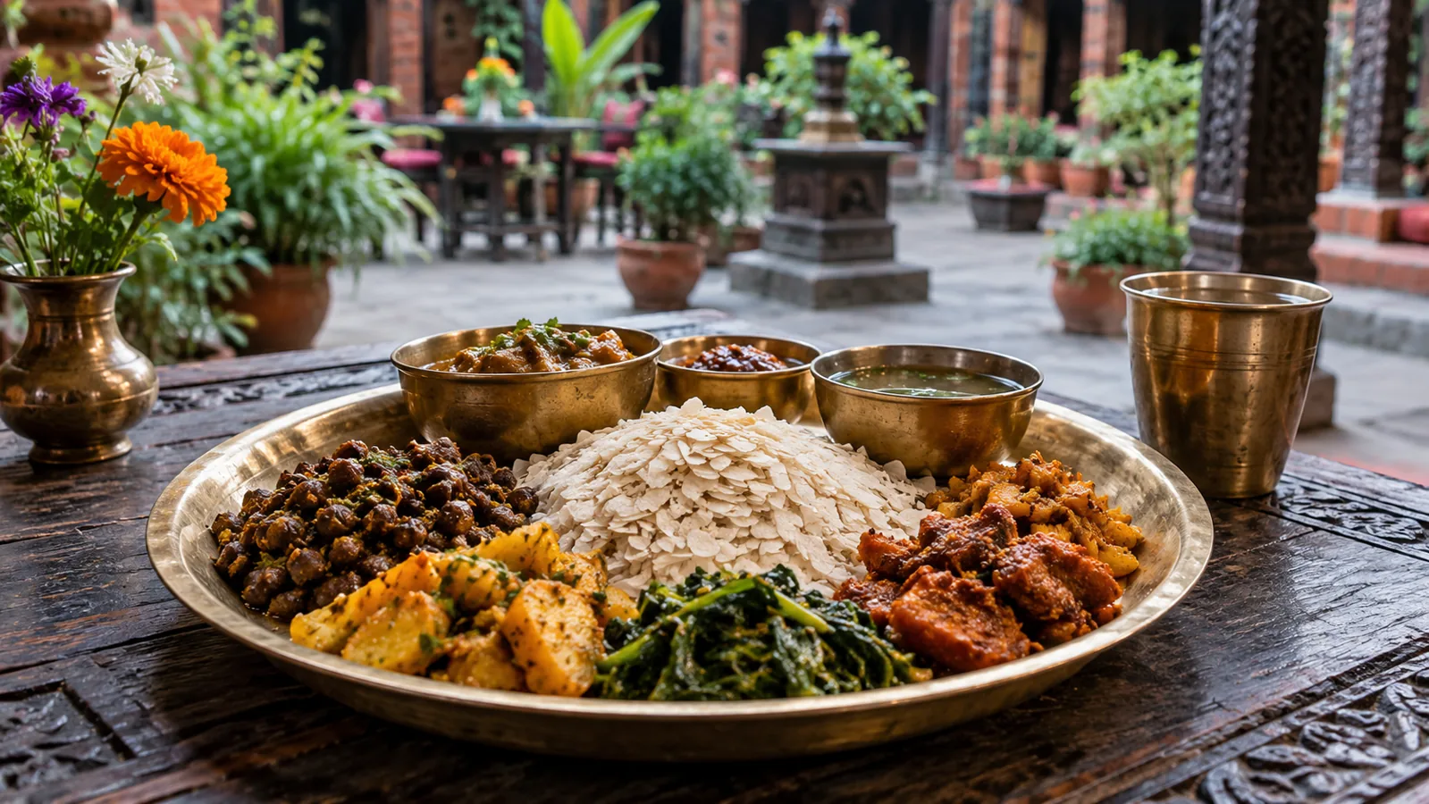 AI-generated editorial depiction of Newari food and cultural experiences in kathmandu