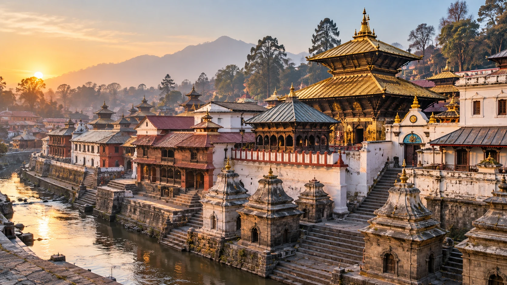 AI-generated editorial depiction of the Pashupatinath Temple complex beside the Bagmati River