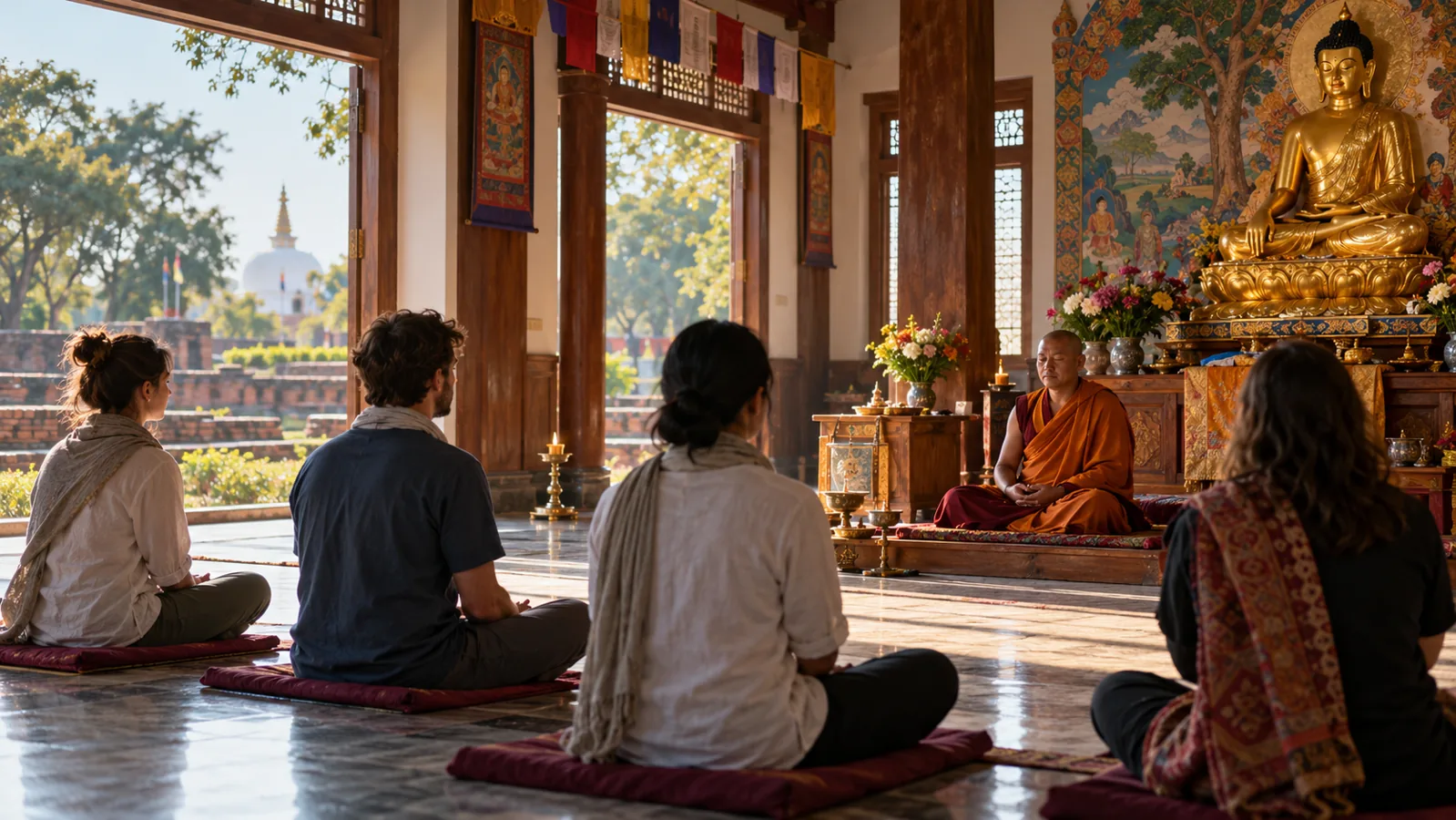 AI-generated editorial depiction of Meditation experiences in lumbini