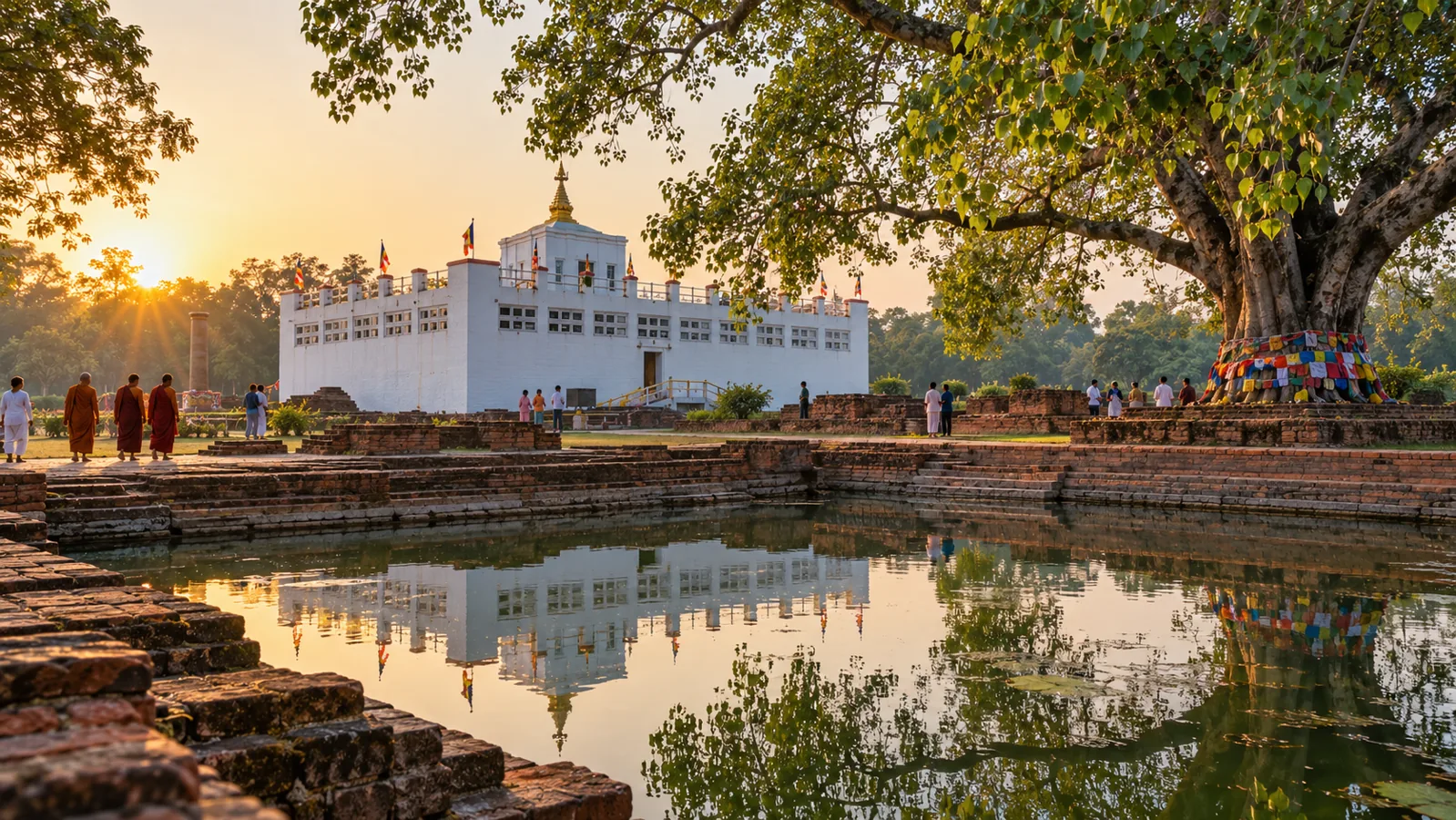 AI-generated editorial depiction of Sacred Garden in lumbini