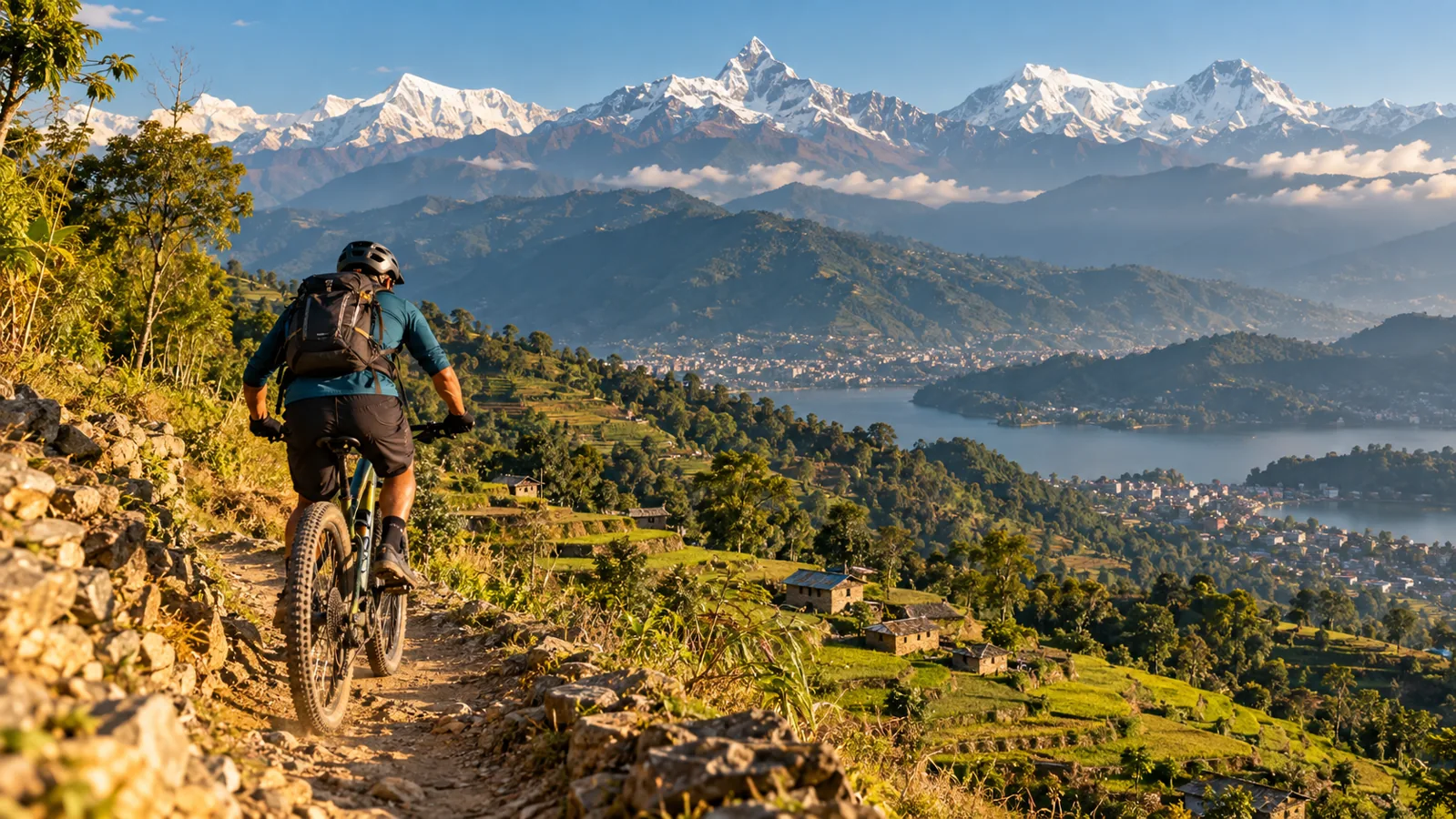 AI-generated editorial depiction of Mountain biking in pokhara