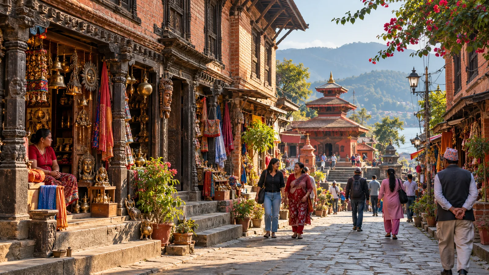 AI-generated editorial depiction of Old Bazaar and Bindhyabasini Temple in pokhara