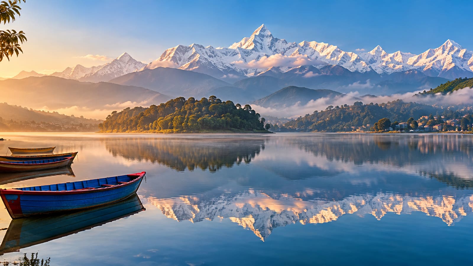 Boats on Phewa Lake beneath the Annapurna foothills