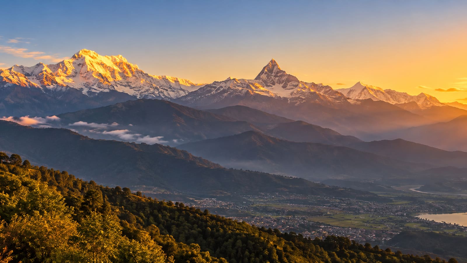 AI-generated illustration of golden sunrise light on Himalayan peaks from Sarangkot