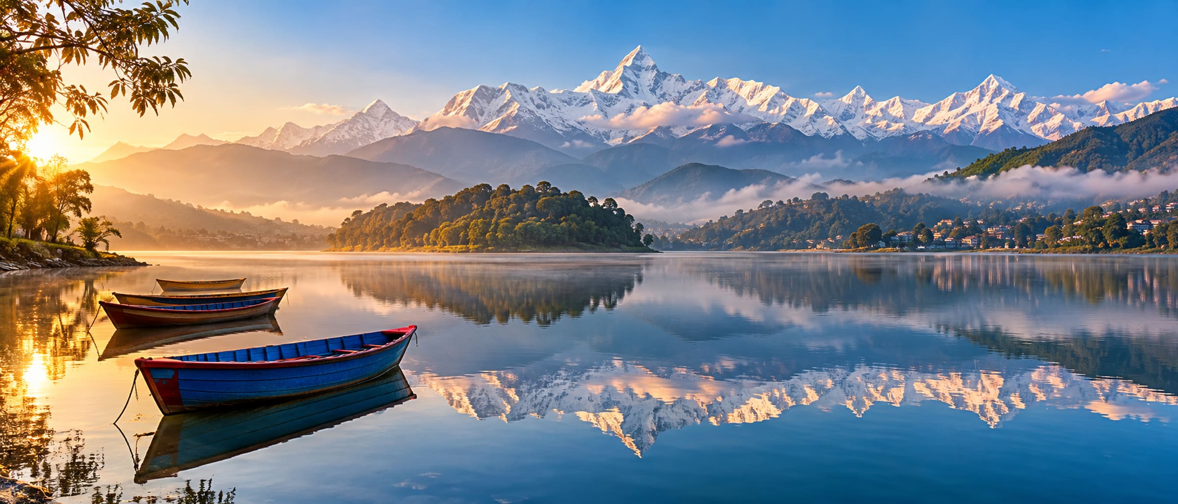 AI-generated illustration of a peaceful Phewa Lake scene with boats and a mountain backdrop
