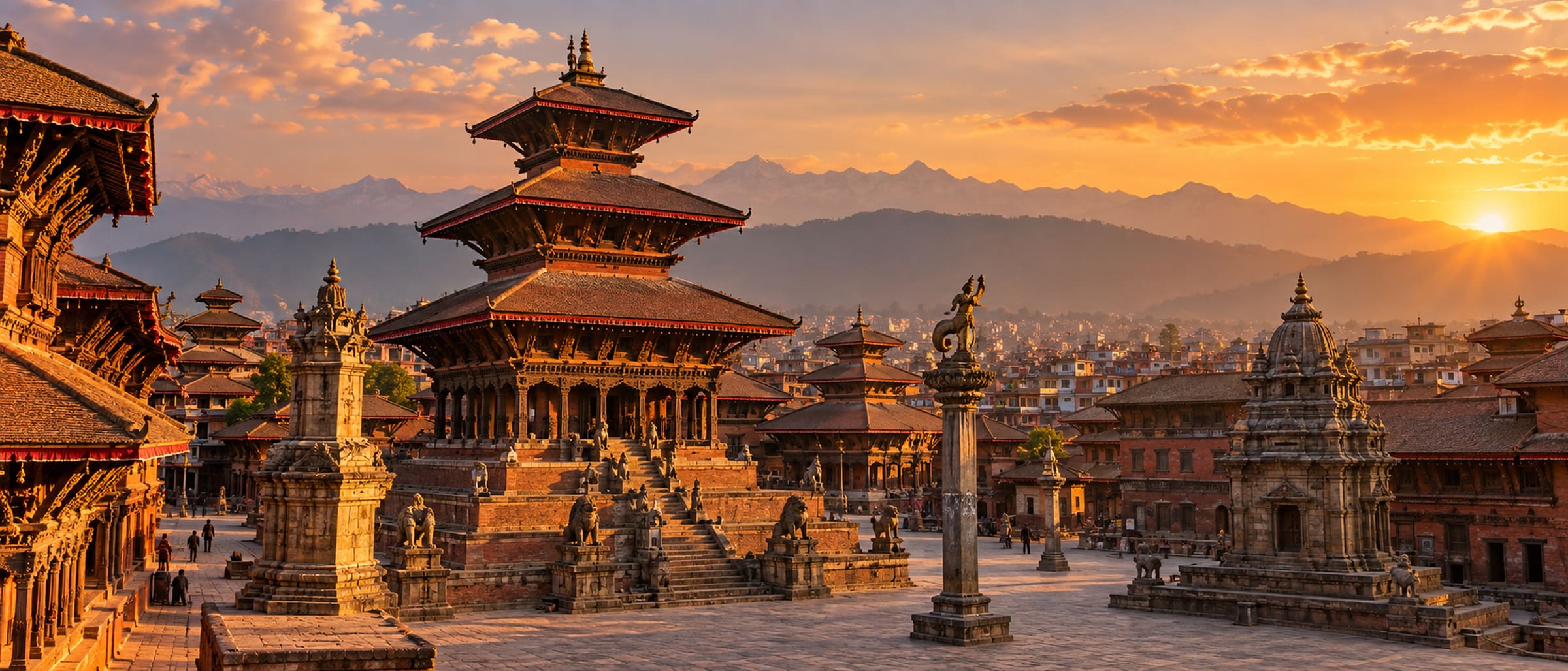 AI-generated illustration of Kathmandu Durbar Square temple architecture in warm evening light