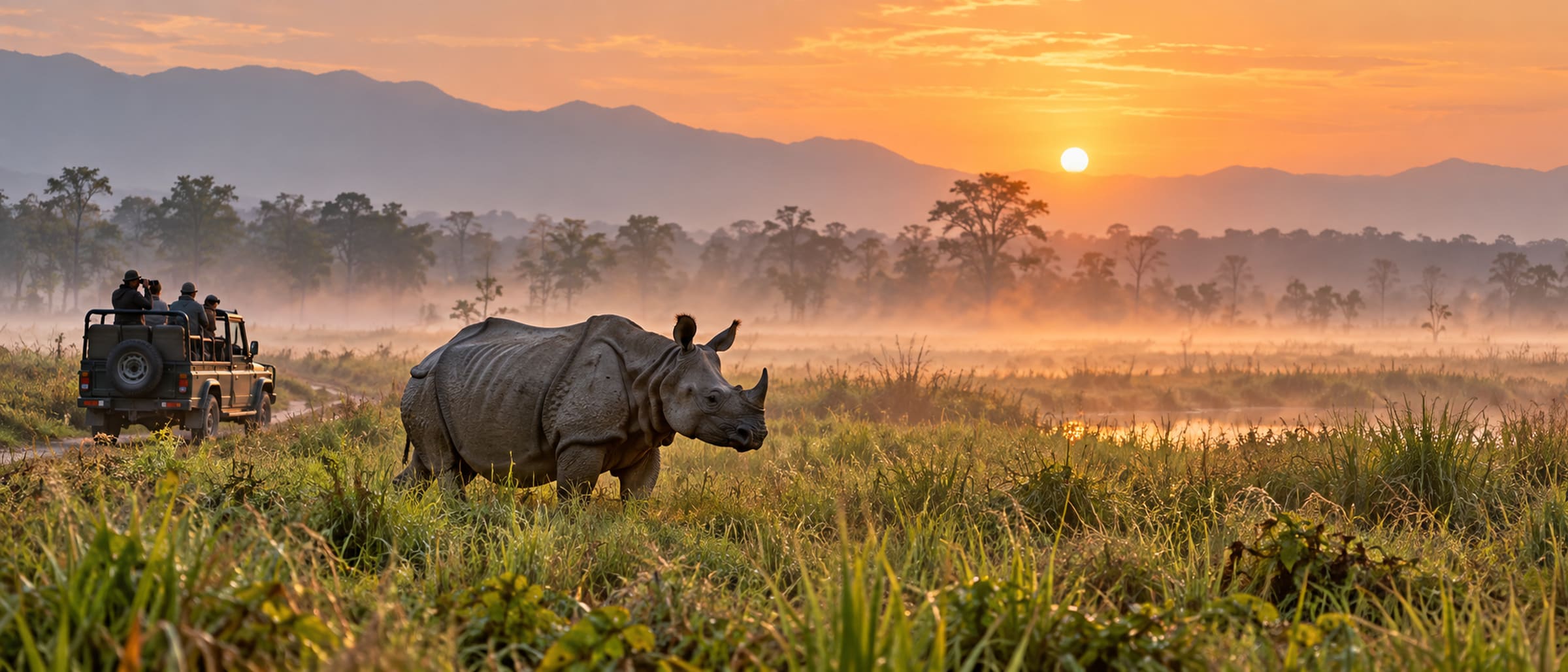 A jeep safari track through Chitwan National Park's tall grassland at dawn