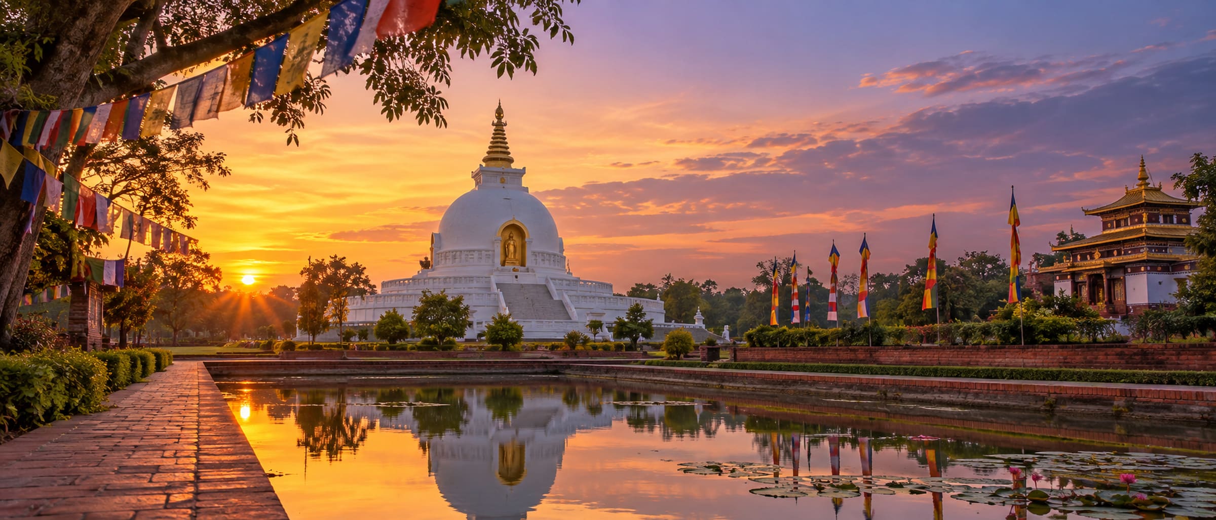 Prayer flags and monastery architecture in Lumbini's Monastic Zone at dusk