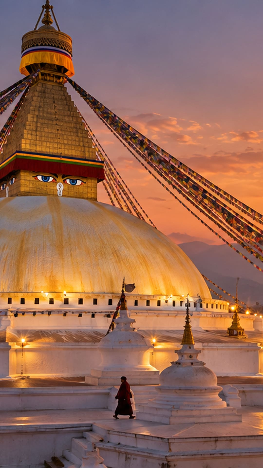 Prayer flags around Boudhanath Stupa at dusk