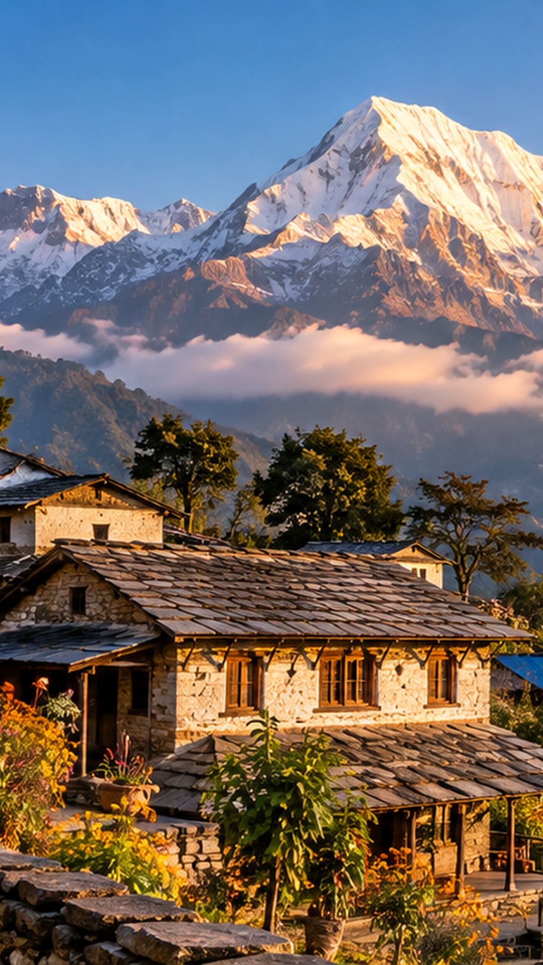 Gurung village rooftops in Ghandruk with the Annapurna range behind