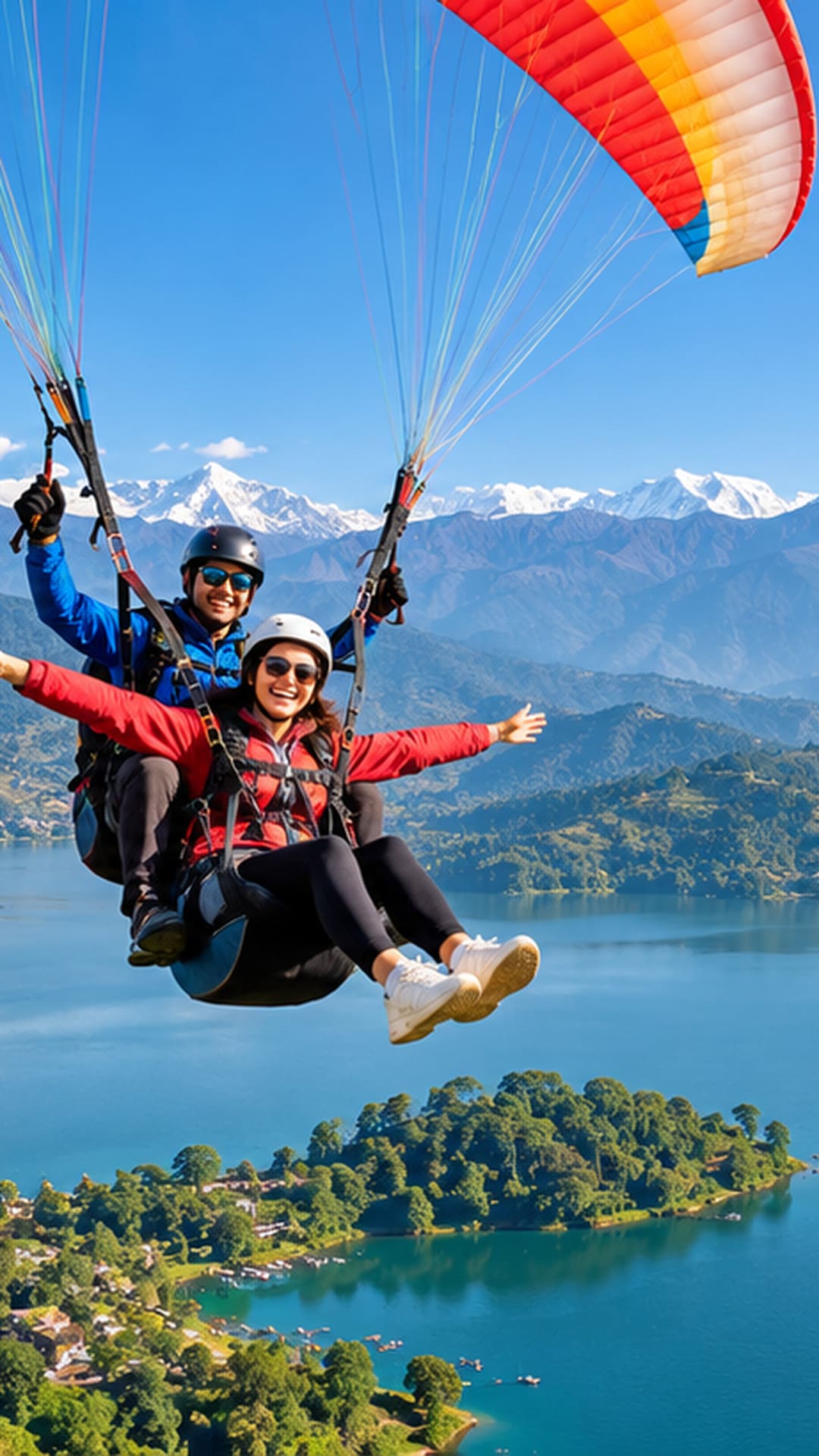 Tandem paraglider descending over Phewa Lake
